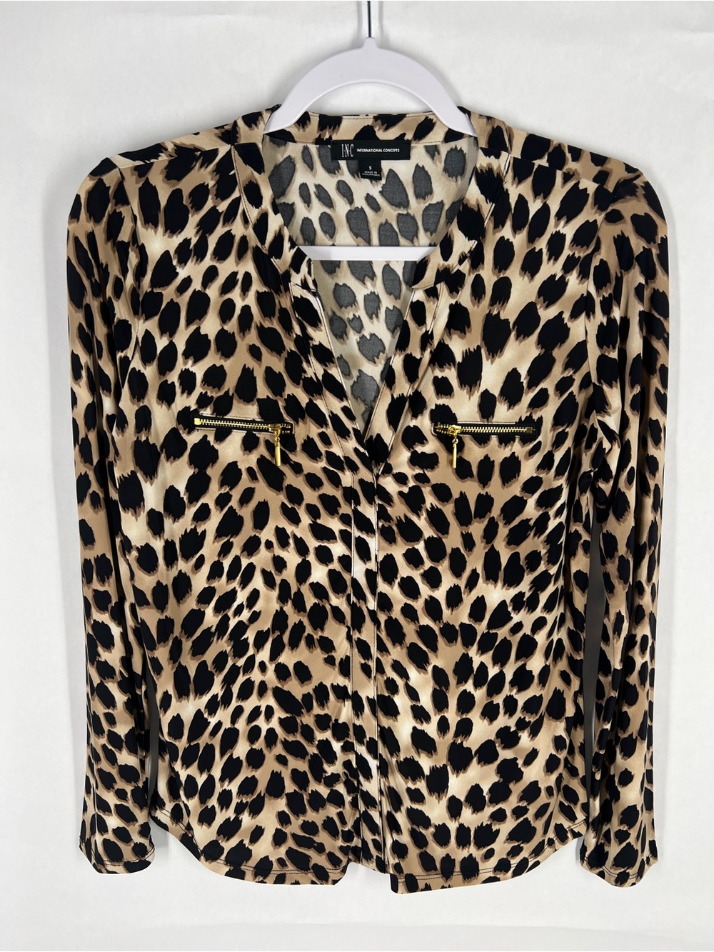 INC International Concepts Leopard Print Zip-Pocket Blouse - Tan & Black